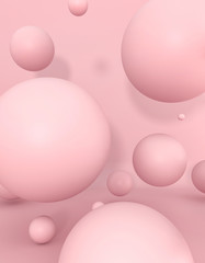 Chewing gum bubbles. Pink pastel background advertisement. Platform, exhibition base for the template. Sweet candies - 3d render illustration. Dynamic bouncing balls for Valentine's Day party