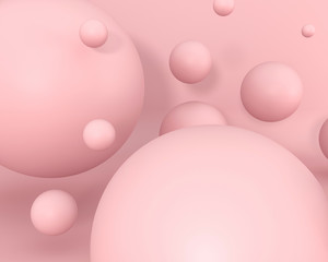 Chewing gum bubbles. Pink pastel background advertisement. Platform, exhibition base for the template. Sweet candies - 3d render illustration. Dynamic bouncing balls for Valentine's Day party