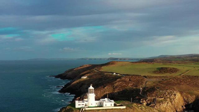 Aerial view of Strumble Head Lighthouse, near Goodwick, Pembrokeshire, Dyfed, Wales, UK