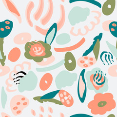 Seamless pattern with colorful floral elements. Cute texture with abstract hand drawn flowers. Design for fabric, wrapping paper, wallpaper, interior decor and more