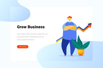 Fototapeta premium Man standing with Growing arrows Charts Flat vector illustration. Grow Business Landing Page design template