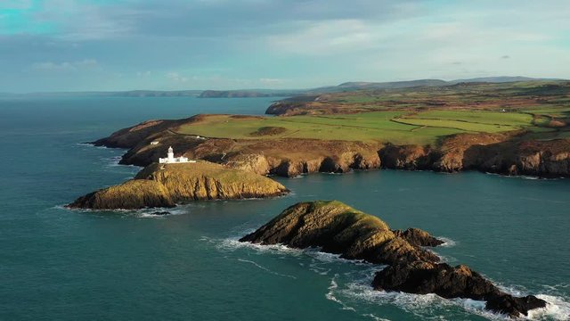 Aerial view of Strumble Head Lighthouse, near Goodwick, Pembrokeshire, Dyfed, Wales, UK