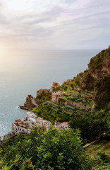 Beautiful aerial landscape view of Atrani from Ravello, Amalfi coast, Italy on natural background. Selective soft focus. Shallow depth of field. Text copy space.
