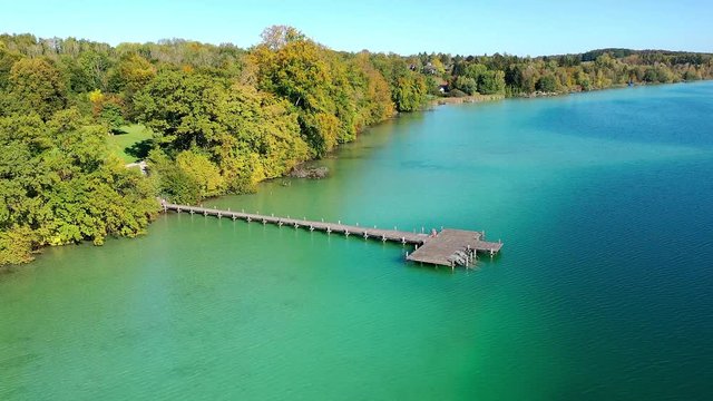 Aerial view, flight at W&ouml;rth lake with the W&ouml;rth island or Mausinsel, Stranberg district, Bachern, Bavaria, Germany