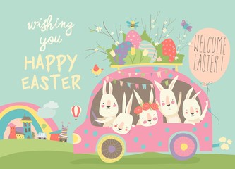 Cute cartoon bunnies driving a car with easter eggs