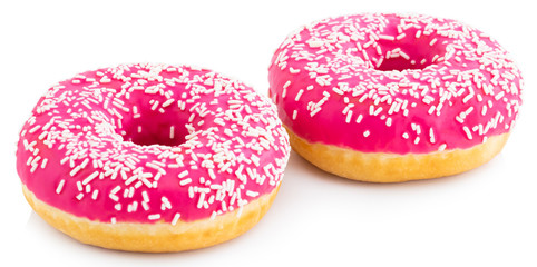 Pink donut with colorful sprinkles isolated on white background