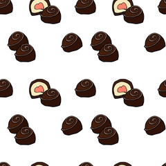 Chocolate candies seamless pattern background with sweet food desserts. Vector confectionery treats and snacks design.