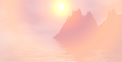 sea the mountains the sun sets in the evening or morning pink orange color. 3D rendering 3D illustration