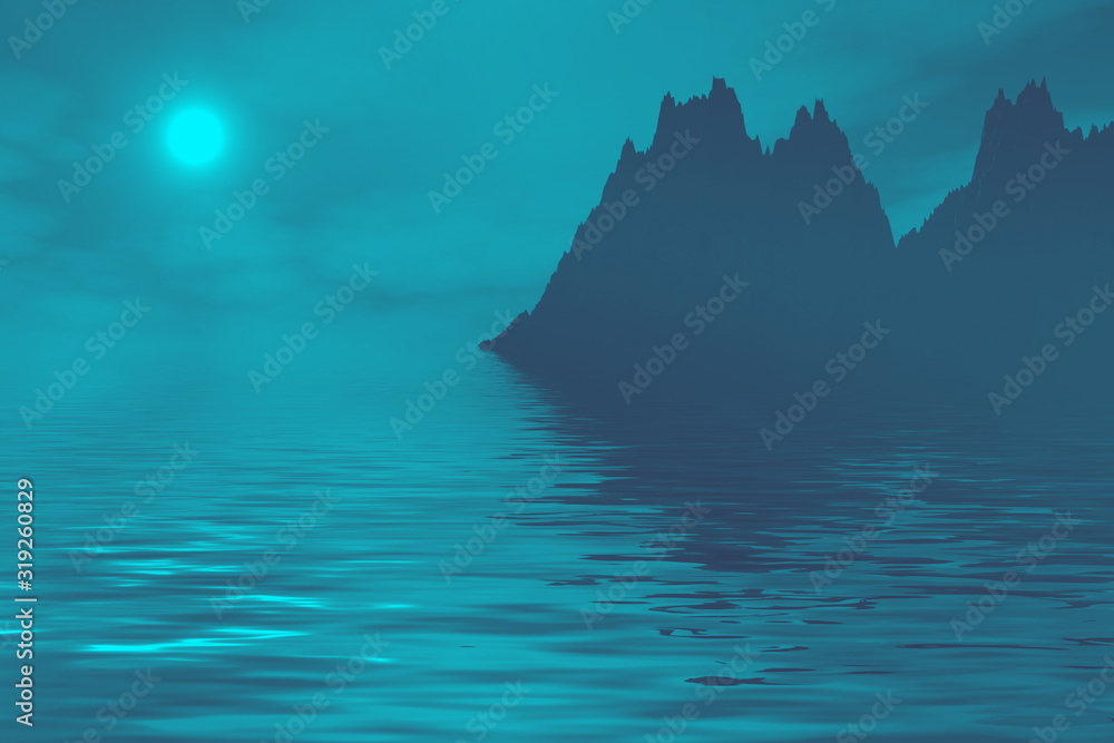 Wall mural seascape of the mountain moon through the clouds bllue color. 3d rendering 3d illustration