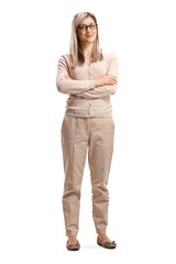 Young woman with glasses posing with crossed arms