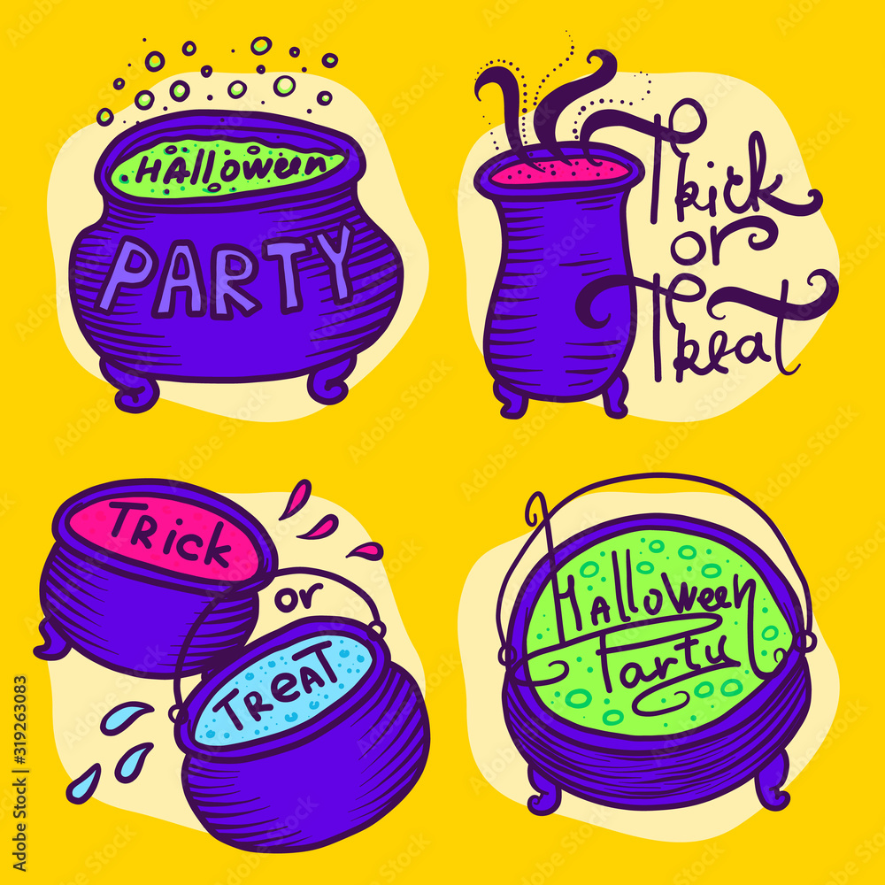 Poster cauldron icons set. hand drawn set of cauldron vector icons for web design