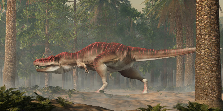 Tarbosaurus was a carnivorous theropod dinosaur, a type of tyrannosaur, it lived during the Cretaceous in Mongolia. Here depicted in a forest.        3D Rendering.