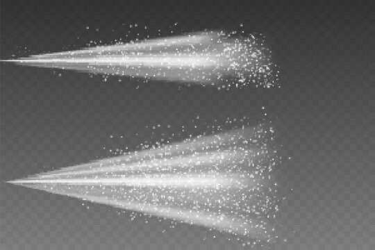 Water spray white smoke or fog dust and dots, mist of atomizer. Airy water spray mist vector set. Sprayer fog isolated on black transparent background.  3d elements vector illustration.