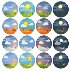 Set of round four season and four times of day icons: summer, winter, spring, autumn, morning, day, evening, night. Stock vector illustration. Isolated on white background.