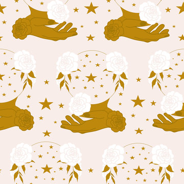 golden crystal gobe, hands, celestials and flowers in a seamless pattern design