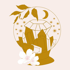 crystal globe with gems and flowers, vector illustration