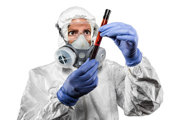 Obraz na płótnie Canvas Woman In Hazmat Suit Holding Test Tube of Blood Isolated On White