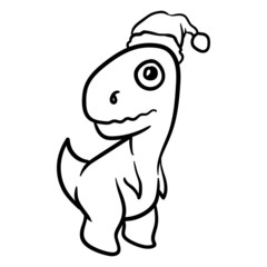 Cute vector dino with hat santa line drawing