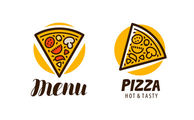 Logo slice of pizza. Food symbol or label. Vector