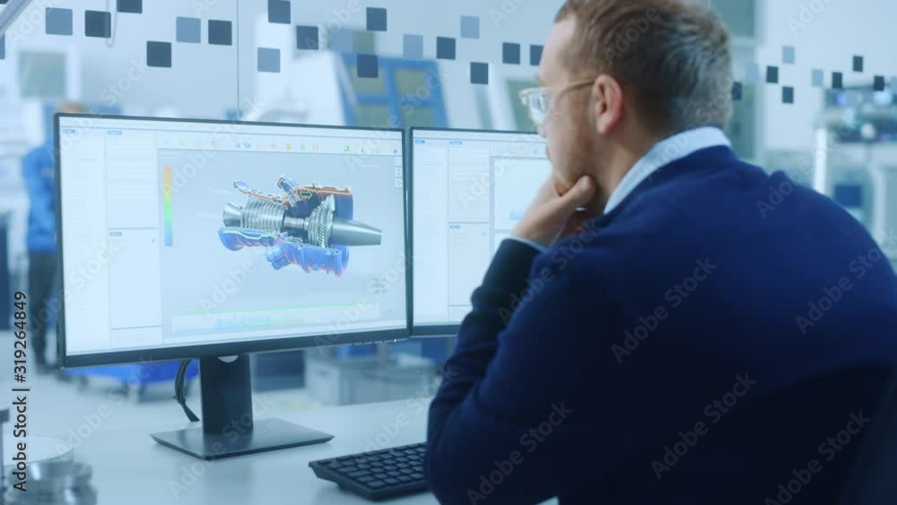 Poster Industrial Engineer Solving Problems, Working on a Personal Computer, Two Monitor Screens Show CAD Software with 3D Prototype of Hybrid Hydrogen Engine Being Tested. Working Modern Factory. Zoom out