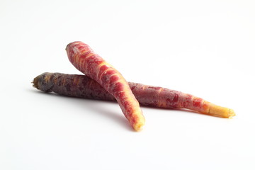 fresh black carrots on white background. isolated black carrots. 