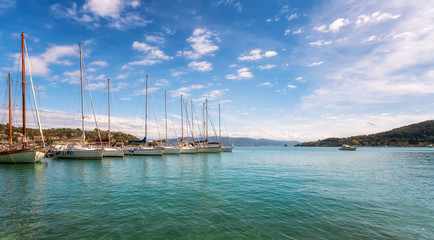 Fototapeta na wymiar Beautiful seascape with boats at the harbour of Portovenere in Liguria, Italy.