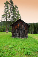 Fototapeta na wymiar wooden hut and larches near Sesto Pusteria. South Tyrol in Italy.