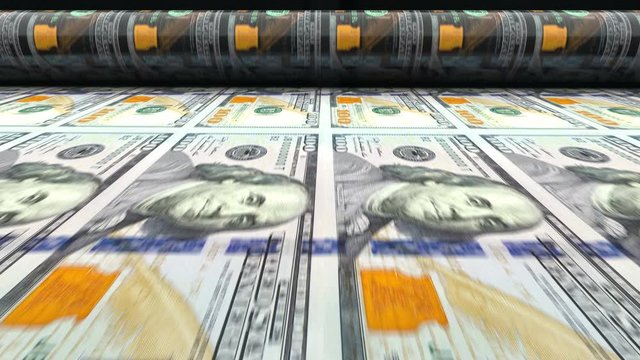 100 USA dollars banknotes are being printed by currency press machine. Animation showing a process of american money printing. Seamlessly looped video of money printing process.