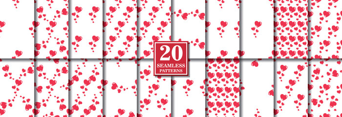 Set of 20 seamless heart shaped patterns. Design for Valentine's Day or another love romantic projects. Repeating vector illustration for wrapping paper, textile printing and greeting cards.