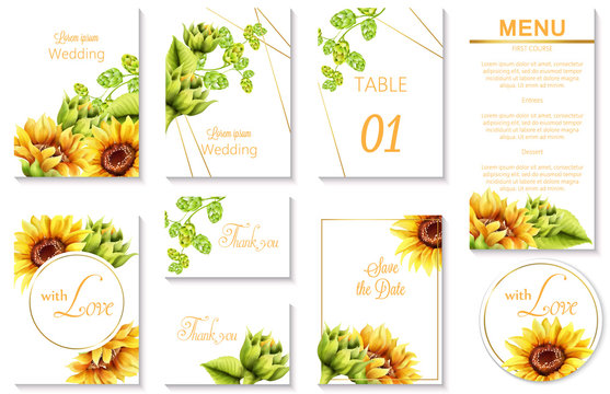 Watercolor spring wedding event invitation cards with green artichoke and sunflower