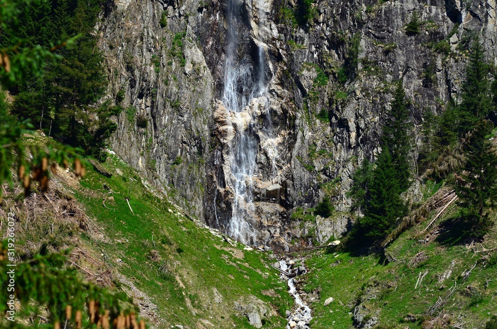 Wall mural Waterfalls in the forest near Anterselva di sotto (Val Pusteria). South Tyrol, Bolzano. Italy.