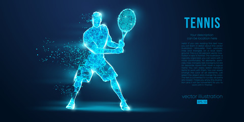 Abstract silhouette of a tennis player man, male, women, girl female from particles, lines, triangles. Tennis ball and tennis racket. Low poly neon wire outline geometric polygonal vector illustration