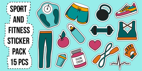 Set of stickers of sports equipment and cloth. Vector illustrations