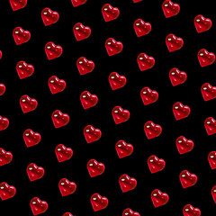 Valentine's day background. Pattern of glass red hearts on a black background. Card minimalism, Symbol of love