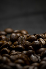 Coffee in beans on dark background. Abstract background texture.Coffee beans texture. Food background of coffee beans