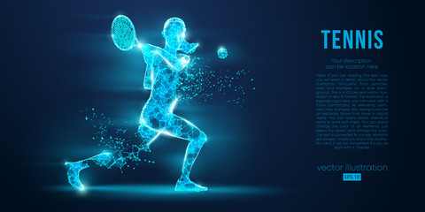 Abstract silhouette of a tennis player man, male, women, girl female from particles, lines, triangles. Tennis ball and tennis racket. Low poly neon wire outline geometric polygonal vector illustration