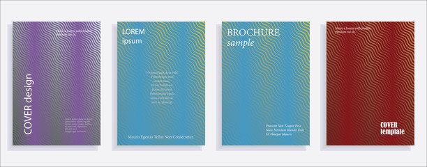 Minimalistic cover design templates. Set of layouts for covers of books, albums, notebooks, reports, magazines. Line halftone gradient effect, flat modern abstract design. Geometric mock-up texture