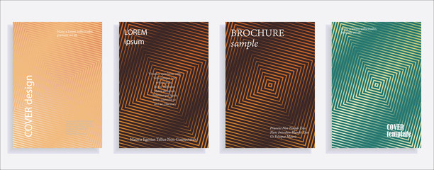 Minimalistic cover design templates. Set of layouts for covers of books, albums, notebooks, reports, magazines. Line halftone gradient effect, flat modern abstract design. Geometric mock-up texture