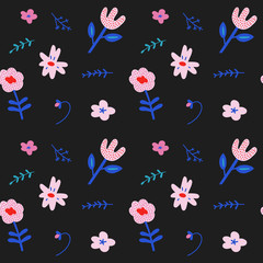Simple floral pattern, springtime modern ornament, seamless vector pattern made of decorative handdrawn tulips and branches, trendy cartoon style, abstract style background.