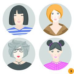 Set of different cute women avatars. Isolated on a white background. Different ages, nationalities, clothes and hair styles.