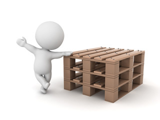 3D Character leaning on three wooden pallets