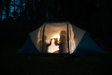 Children making shadow puppets in a camping tent at night