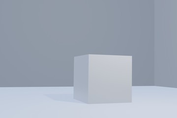 Podium in the form of a cube, stand for an advertising item or concept. Pastel shades. An excellent blank for an advertising banner. Photorealistic 3D render.