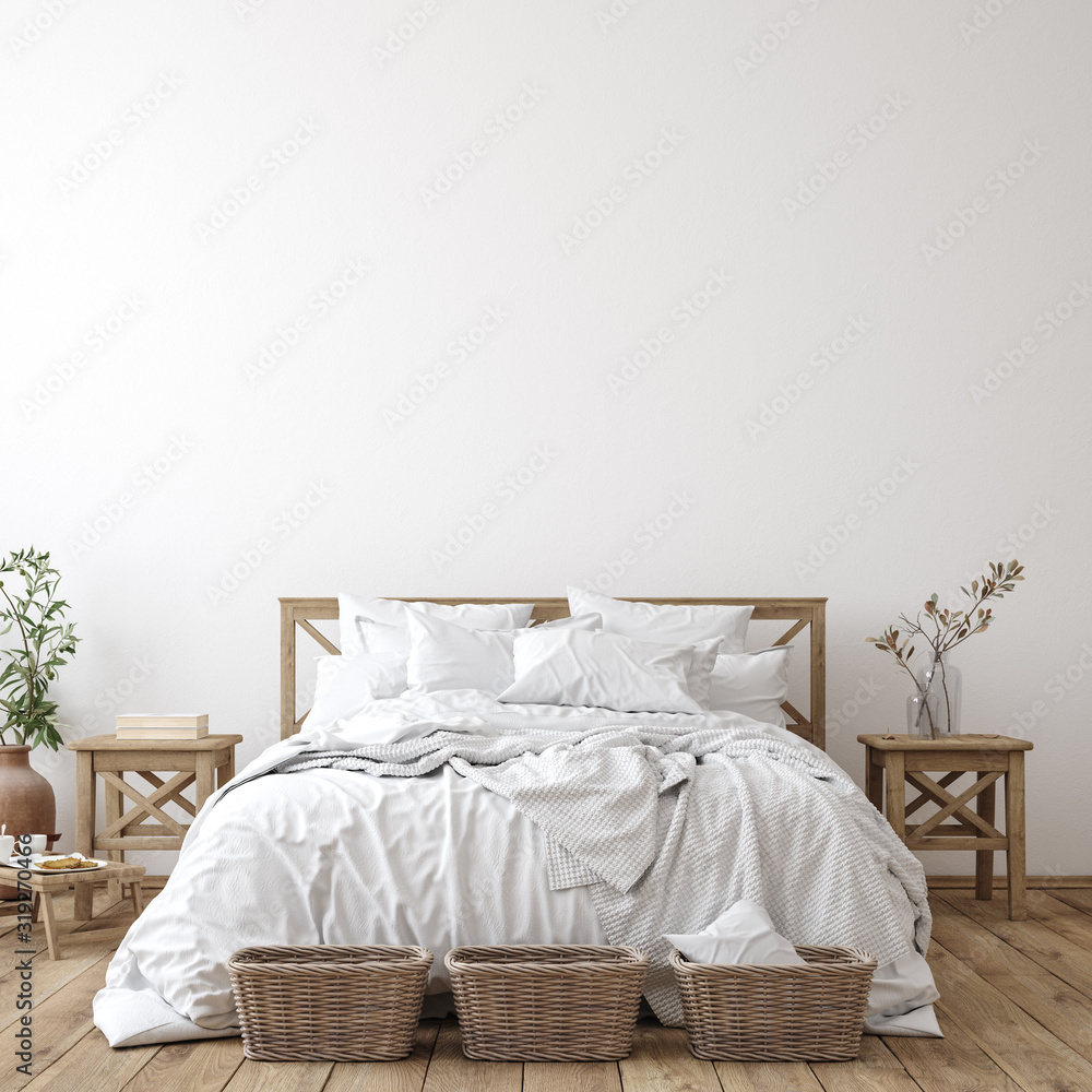 Wall mural Scandinavian farmhouse bedroom interior, wall mockup, 3d render