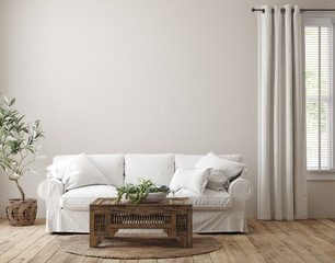 Scandinavian farmhouse living room interior, wall mockup, 3d render - obrazy, fototapety, plakaty