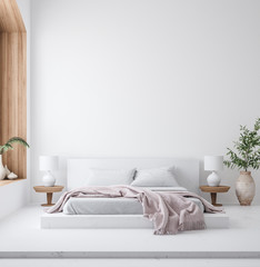 White cozy bedroom interior, Scandinavian style, wall mockup, 3d render