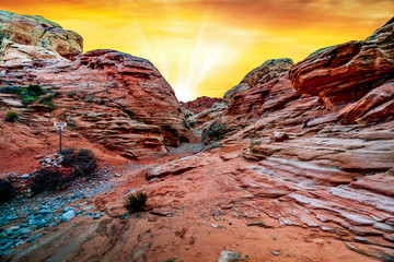 The mesmerizing red rock layers and formations of the desert landscape at the Valley of Fire State...