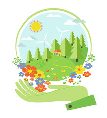 Environmental protection. Giant hands holding green sphere with trees, house, wind generators, flowers. Ecology concept illustration in flat style. 