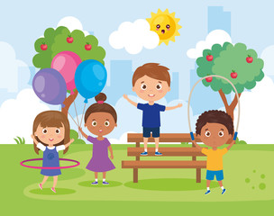 Obraz na płótnie Canvas little group children playing in park landscape vector illustration design