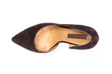 Stylish classic suede women's leather shoes with medium high heels on an isolated white background. Shoe sale / clearance concept announcement.